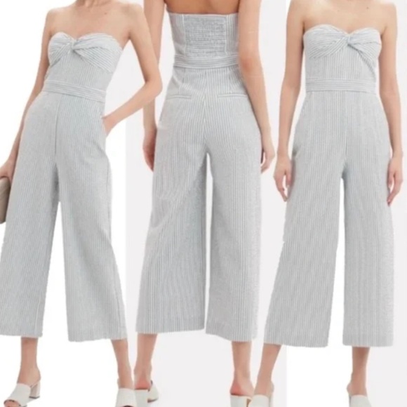 Veronica Beard Serild Strapless Seersucker Grey White Striped Jumpsuit Size 2 - Picture 4 of 4